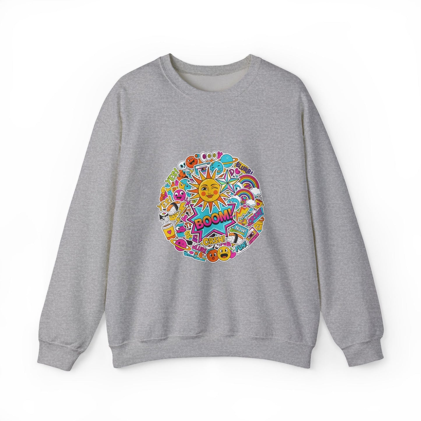 Sticker Bomb Sun Collage Crewneck Sweatshirt | collage art, graphic doodles - AKYCO