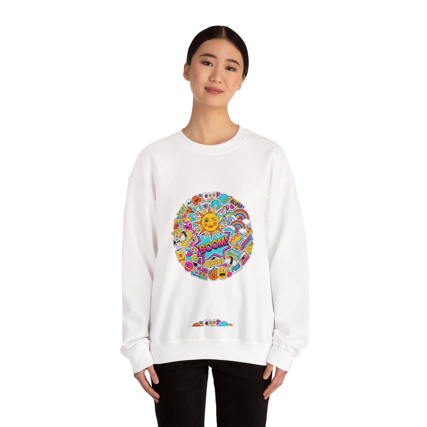 Sticker Bomb Sun Collage Crewneck Sweatshirt | collage art, graphic doodles - AKYCO