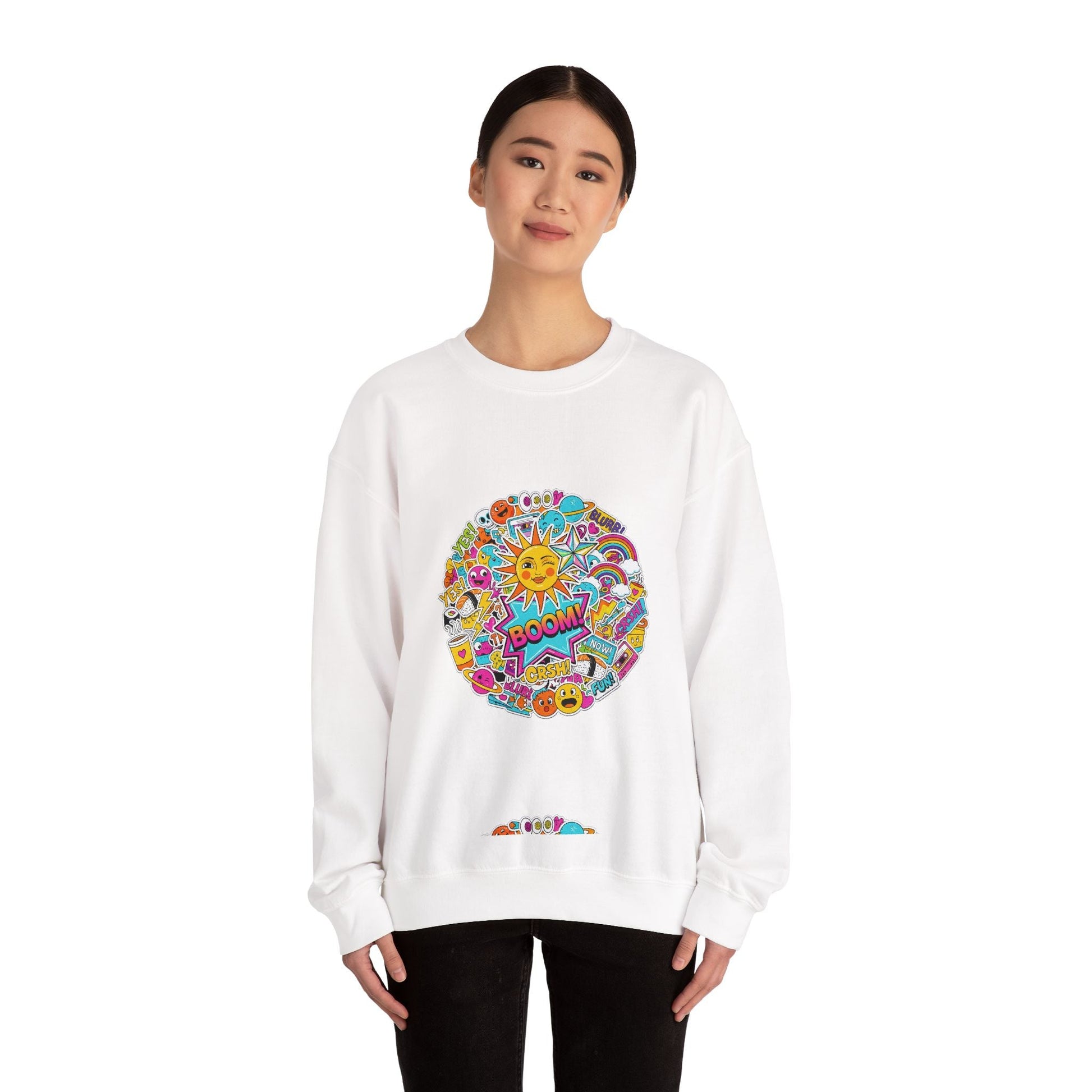 Sticker Bomb Sun Collage Crewneck Sweatshirt | collage art, graphic doodles - AKYCO