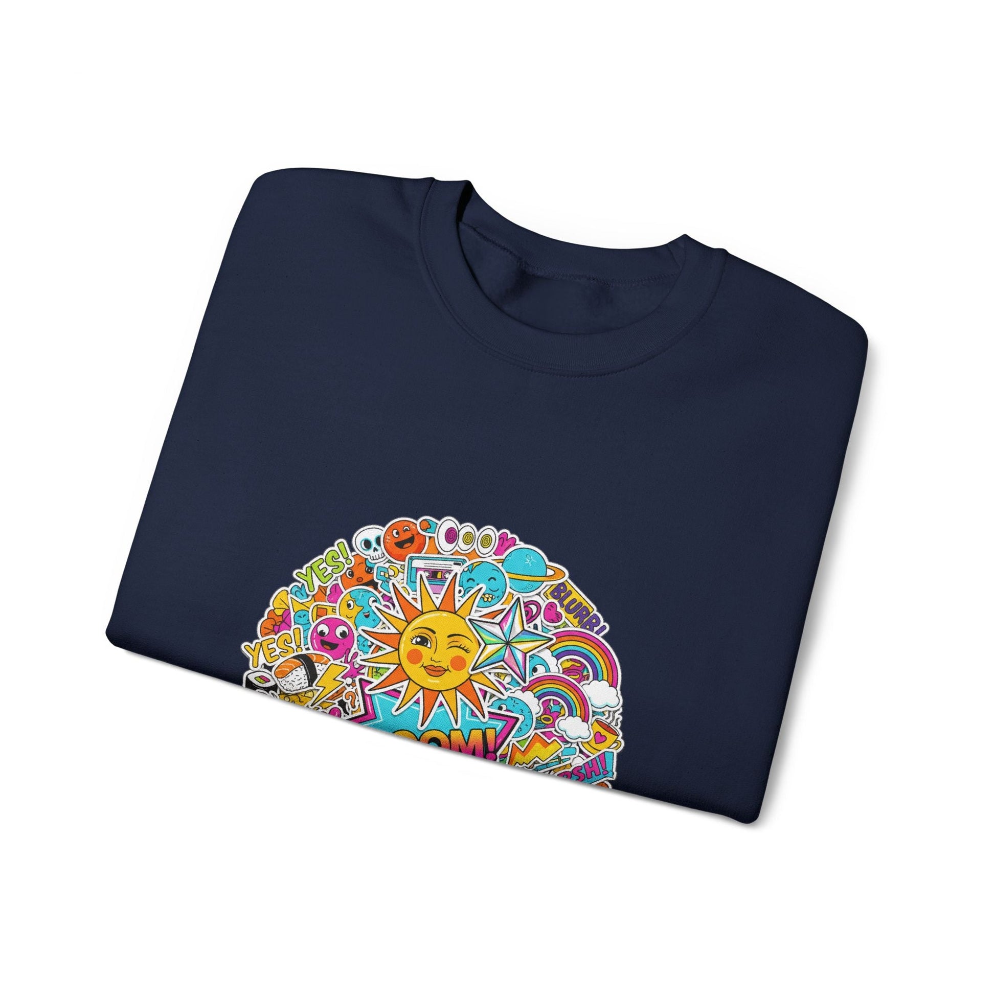 Sticker Bomb Sun Collage Crewneck Sweatshirt | collage art, graphic doodles - AKYCO