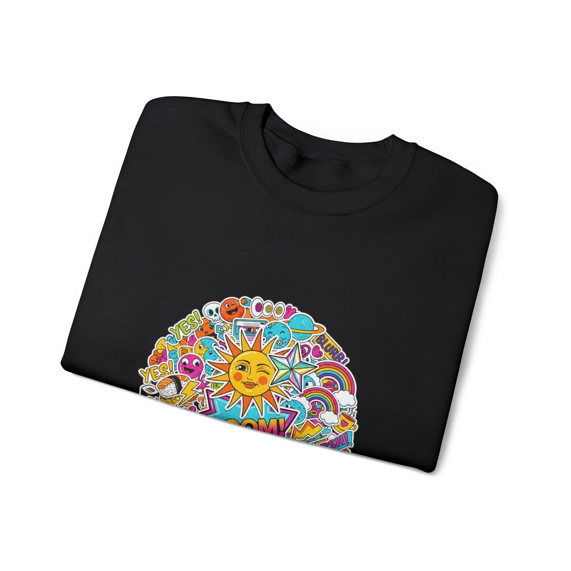 Sticker Bomb Sun Collage Crewneck Sweatshirt | collage art, graphic doodles - AKYCO