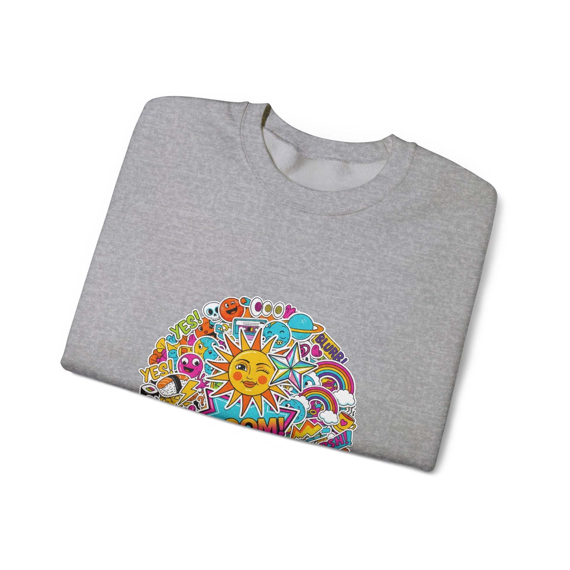 Sticker Bomb Sun Collage Crewneck Sweatshirt | collage art, graphic doodles - AKYCO