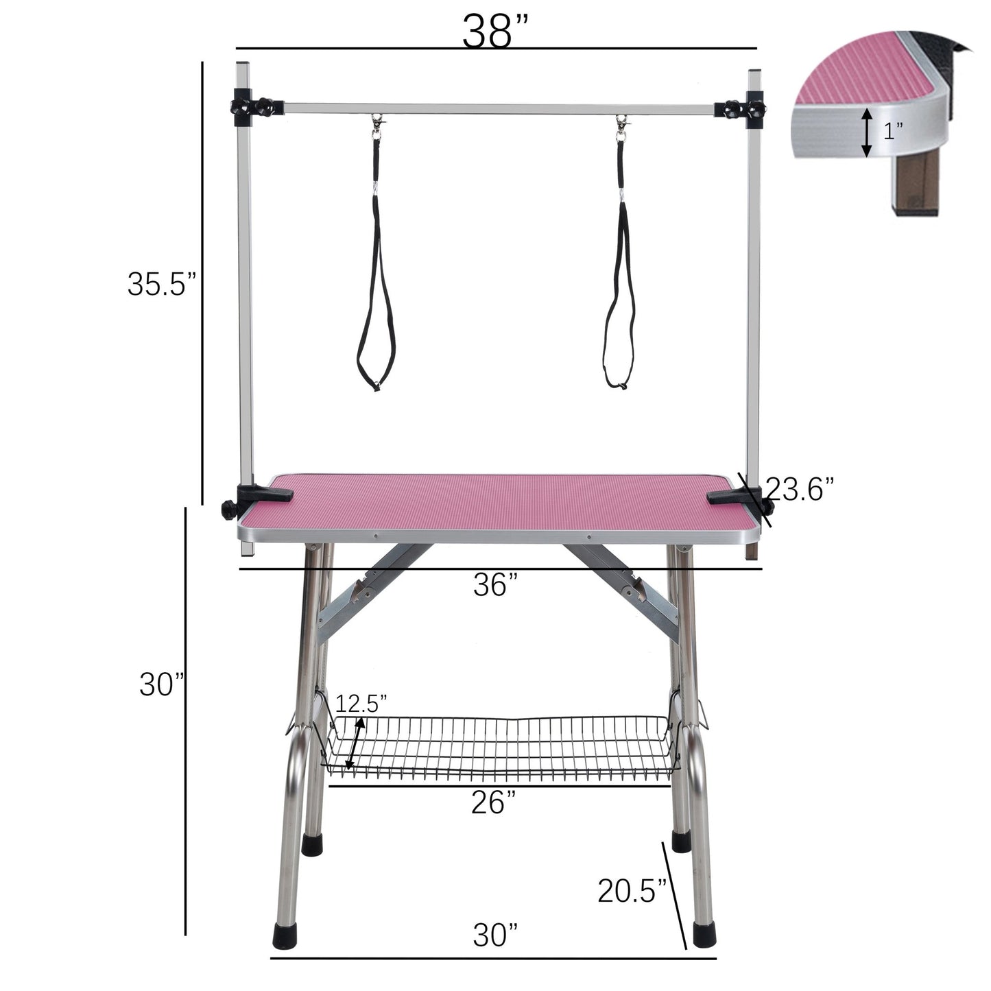 Tavolo da Toelettatura Pieghevole 36'' | Struttura in Acciaio, Cuscinetto in Gomma & Braccioli Regolabili - Rosa - Aky & Co.