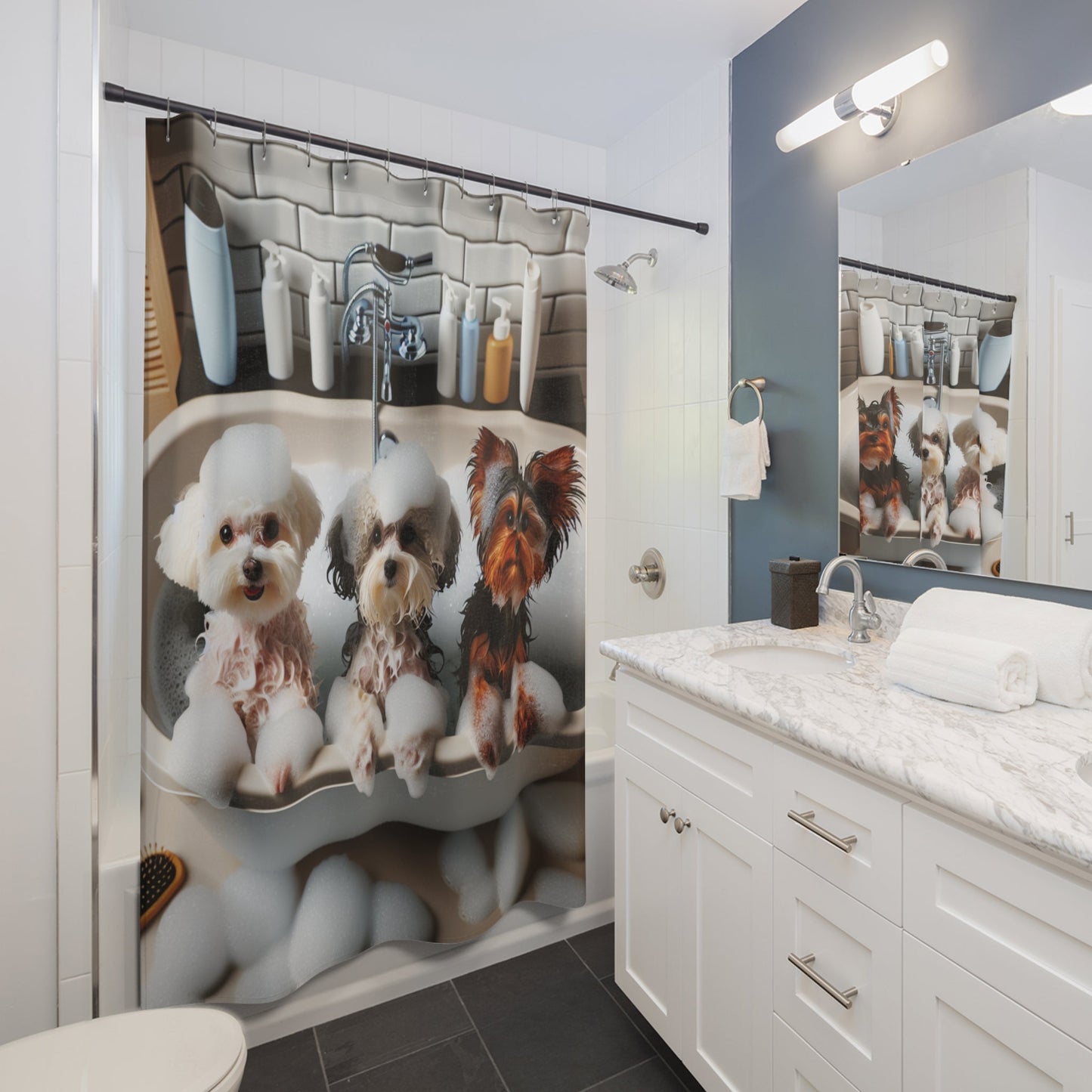 Tenda da Doccia con Adorabili Yorkshire Terrier, Maltese e Barboncino - Design Divertente per Amanti dei Cani - Aky & Co.